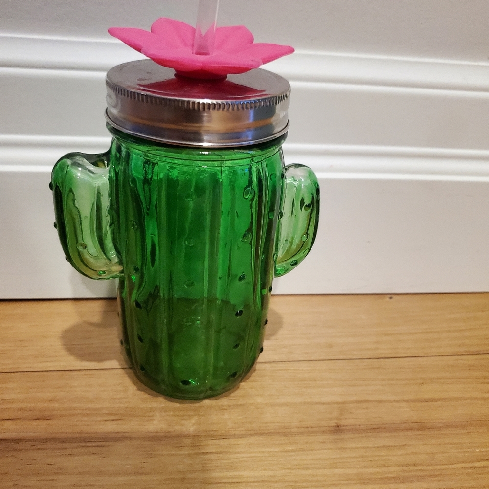 Brand new glass cactus Mason jar cup with straw